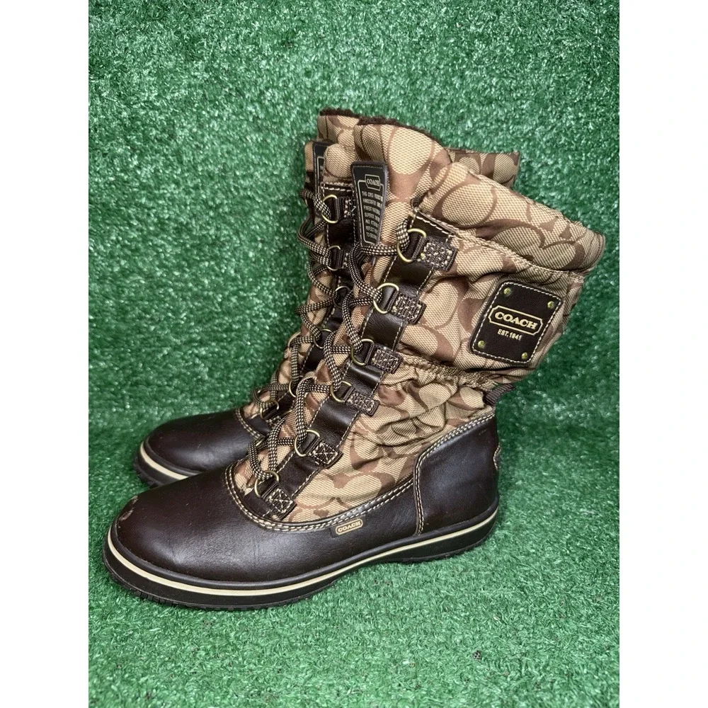 Coach Women Size 5 Shaine Rain Boots Lace Up Beige Signature Logo Faux Fur Lined